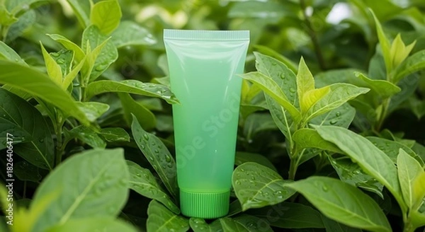Fototapeta A light green plastic tube with a ridged cap stands upright amidst lush green leaves.
