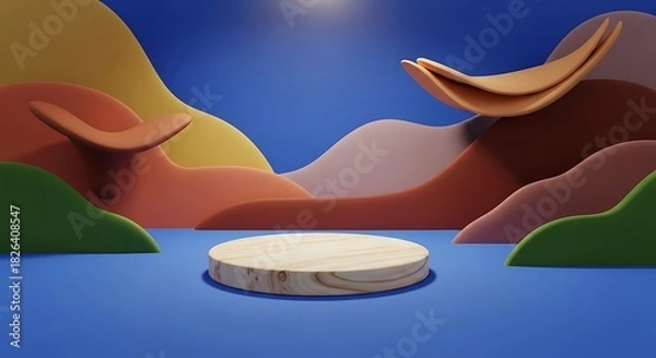 Obraz Small round podium display on the blue background with big surreal shapes. Natural showcase. 