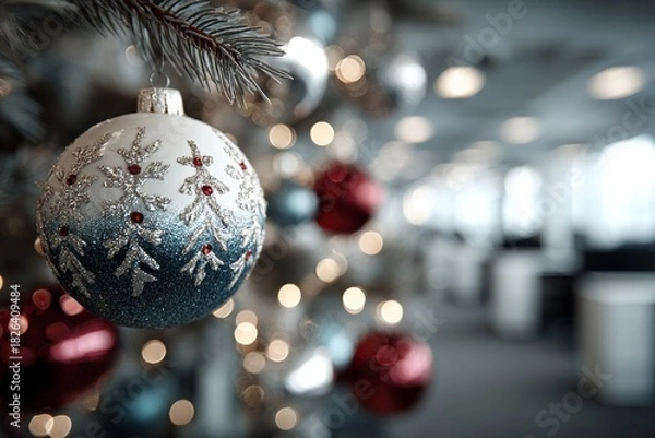 Obraz Sparkling Christmas ornament with office bokeh lights for modern office workplace holiday decor