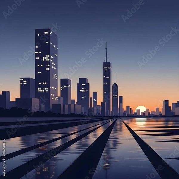 Obraz Serene Cityscape at Dusk: A Minimalist Vision Illuminated by Softly Blurred Lights, Gentle Shadows, and Dreamlike Modern Elegance