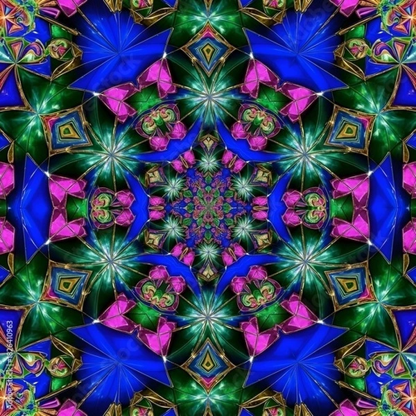 Obraz Vibrant Abstract Kaleidoscope Artwork Showcasing Dynamic Swirling Geometric Patterns, Bold Colors, and Reflective Symmetry for a Modern Upscale Aesthetic Design