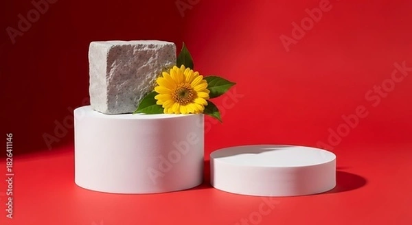 Fototapeta Empty podiums with block of stone and yellow beautiful flower decorated on red background. Front view, empty space to place your product