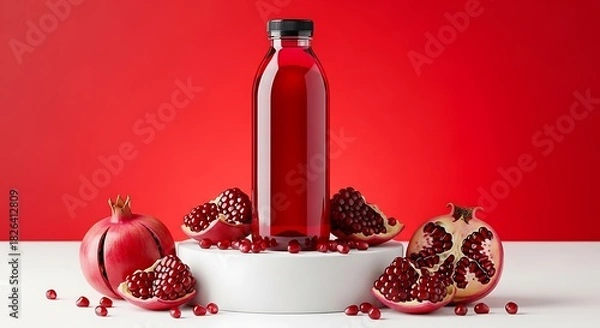 Fototapeta A plastic bottle with pomegranate juice and pomegranate fruit stand on a white podium. Red Background