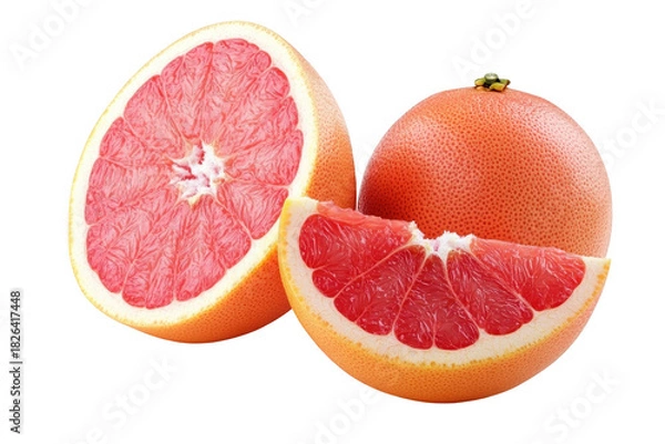 Obraz A display of a whole grapefruit alongside a freshly cut half. its juicy pink flesh and textured rind. ideal for culinary uses or healthy lifestyle imagery