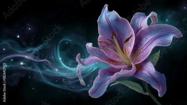 Fototapeta Lily blooms amid swirling ethereal light on a dark backdrop