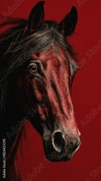 Fototapeta A striking digital artwork of a red horse captured in a close-up, frontal portrait. Intensity, and motion, perfect for use in stylized branding, New Year celebration visuals, fantasy-themed designs.