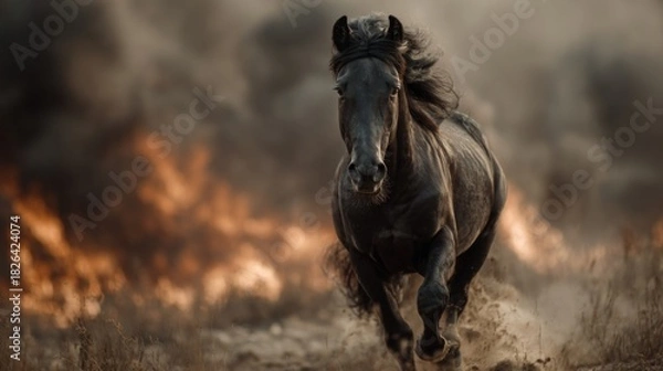 Fototapeta A powerful black horse gallops toward the camera through a field as flames and smoke rise in the background. The dramatic lighting highlights the horse's muscular form and flowing mane