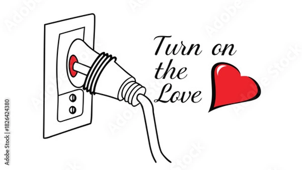 Fototapeta Creative illustration of an electrical plug connected to a wall outlet symbolizing the phrase turn on the love with a red heart