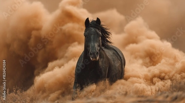 Fototapeta Black horse charging through dense cloud of orange smoke with intense forward gaze and flying mane, cinematic lighting and fiery tones emphasize strength, urgency, and unstoppable force