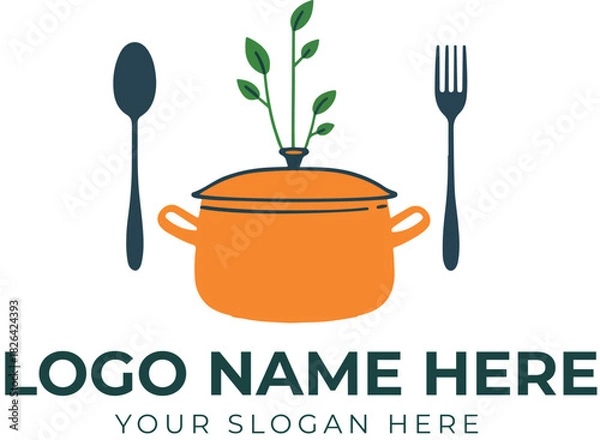 Obraz Cooking pot logo vector with green sprouts, fork and spoon motif for organic food, restaurant, or catering branding