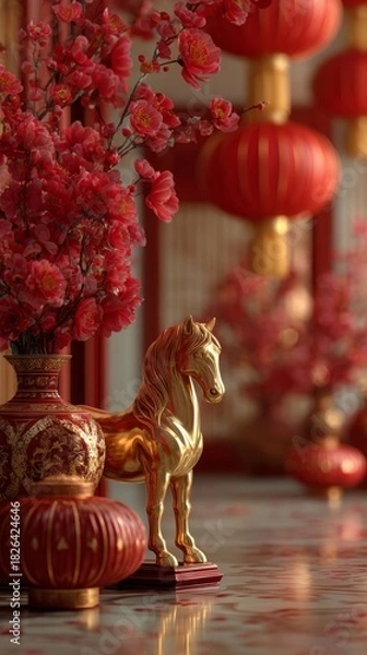 Fototapeta Chinese New Year decoration with a golden horse statue and red lanterns. Vertical festive still life for the Year of the Horse celebration