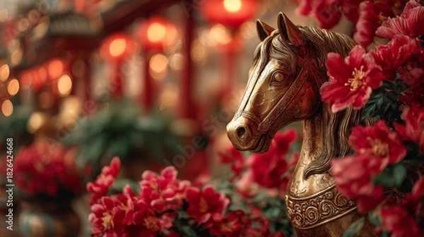 Fototapeta A decorative golden horse sculpture set among vibrant red flowers and traditional Chinese lanterns. The warm, soft bokeh in the background creates a festive and elegant atmosphere, Chinese New Year.