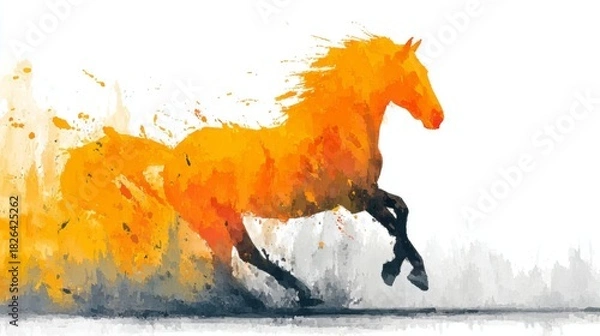 Fototapeta A vibrant watercolor-style digital illustration depicting the silhouette of an orange horse in full gallop. The dynamic splashes of orange, yellow, and gray convey movement and energy