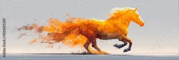 Fototapeta Dynamic action of a black horse galloping through an explosion of orange powder. Abstract concept of power, speed and untamed energy. Panoramic background with copy space