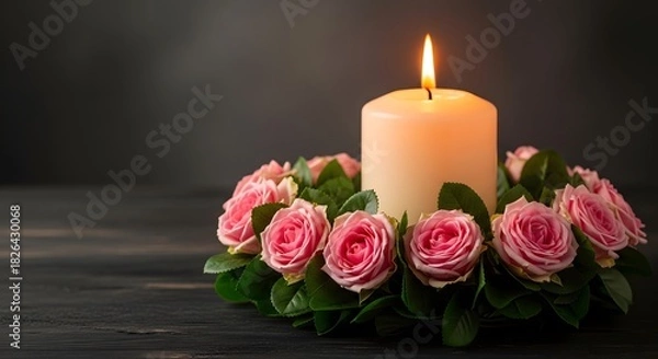 Fototapeta Candle with rose wreath on dark background for remembrance