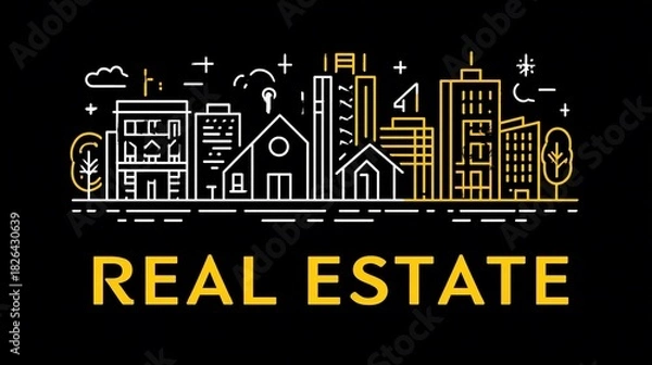 Fototapeta Line art skyline with houses, apartments, and trees against a black background