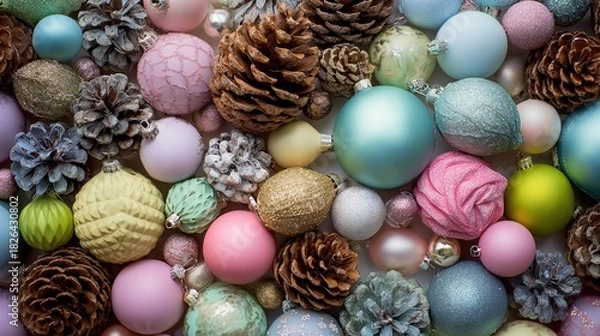 Fototapeta The flat layout showcases a series of brightly colored decorative Christmas ornaments, natural pine cones, and seasonal foliage, arranged against a soft background, leaving ample space for text.