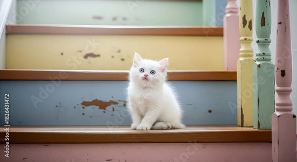 Obraz Adorable White Kitten with Blue Eyes Sitting on Rustic Pastel Stairs