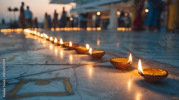 Fototapeta Line of oil lamps on marble floor, illuminated, with people blurry in background