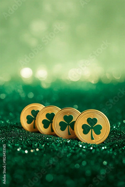 Fototapeta St. Patrick's Day abstract golden coins with clover on green backdrop. Shamrock leaves. Patrick day vertical background, free space for text, copy space