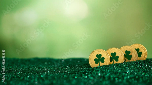 Fototapeta Four St. Patrick's Day abstract golden coins with clover on green backdrop. Shamrock leaves. Patrick day horizontal background, free space for text, copy space