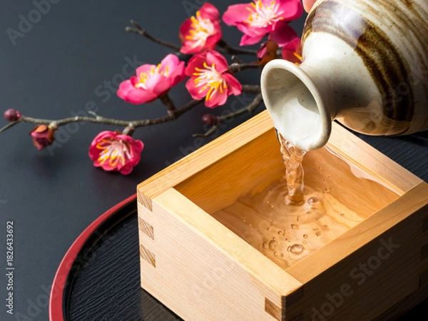 Obraz 枡に注がれる日本酒と梅の花の静物