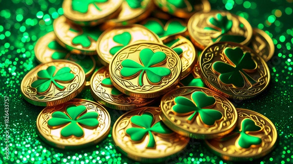 Fototapeta St. Patrick's Day abstract golden coins with clover on green backdrop. Shamrock leaves. Patrick day horizontal background 