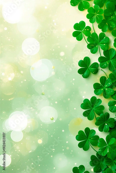 Fototapeta Festive background with green shamrock leaves for St. Patrick's Day, vertical banner, free space for text and copy.
