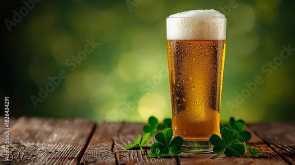 Fototapeta Festive background with a glass of beer on a rustic base and green shamrock leaves for St. Patrick's Day, horizontal banner, free space for text and copy