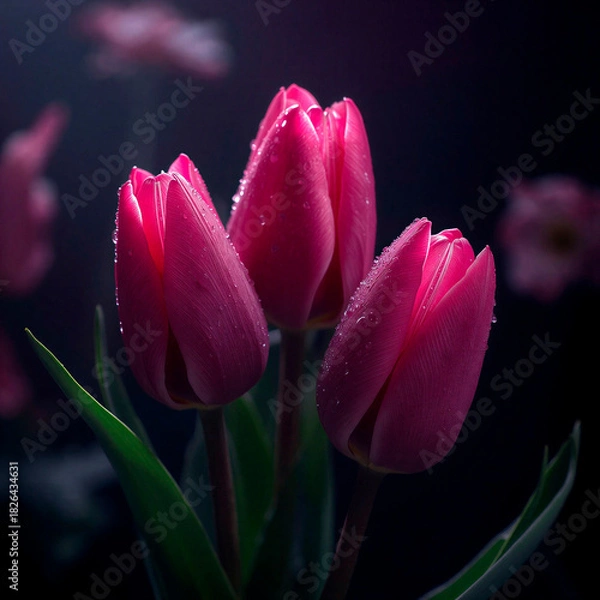 Fototapeta pink tulips in the garden, black square background for cards, flowers advertisment with summer or spring pattern, free space for text and copy