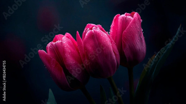 Fototapeta pink tulips in the garden, black horizontal background for cards, flowers advertisment with summer or spring pattern, free space for text and copy