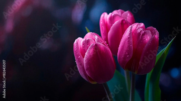 Fototapeta pink tulips in the garden, black horizontal background for cards, flowers advertisment with summer or spring pattern, free space for text and copy