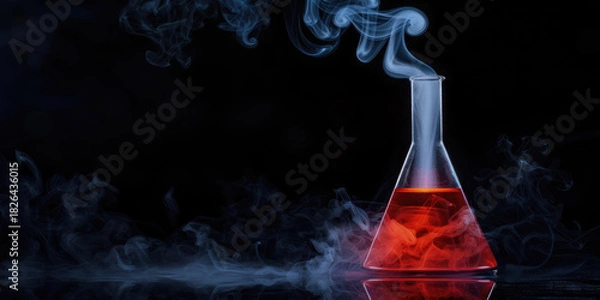 Obraz Chemistry experiment with red liquid smoking from flask