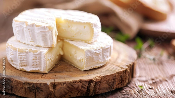 Obraz Camembert cheese wheels on rustic wooden board