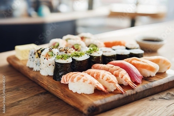 Obraz Sushi platter with assorted nigiri maki rolls and butter on wooden serving board fresh seafood rice and seaweed presented on kitchen counter inviting and appetizing
