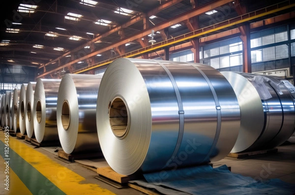 Obraz Steel coils rolls in a large factory warehouse