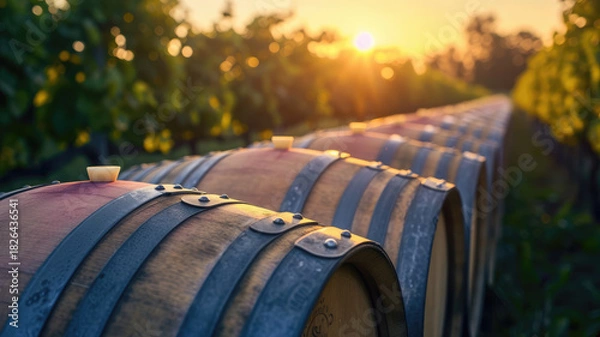 Obraz Wine barrels aging in vineyard at sunset