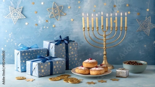 Fototapeta  festive and beautifully arranged Hanukkah celebration scene set against a textured blue background adorned with gold star and snowflake decorations