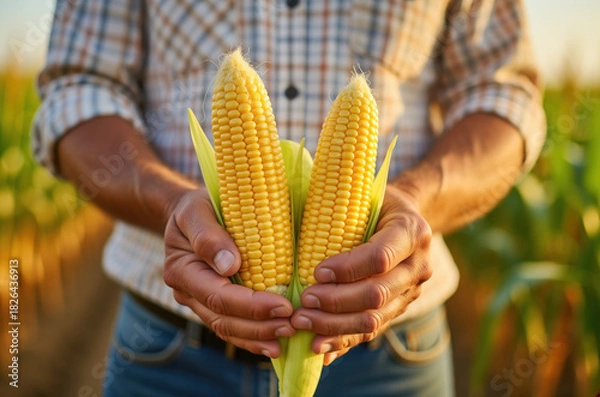 Obraz Farmer hands holding fresh corn cobs harvest