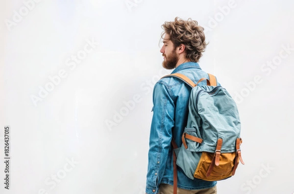 Obraz Young man traveling with backpack looking away