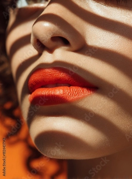 Obraz Lips bright red, striped shadow covers face in close-up, orange background