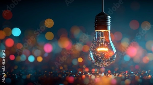 Fototapeta Lit bulb hangs amid bokeh orbs; dark teal backdrop evokes nighttime