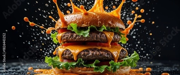 Obraz Double cheeseburger with sauce splash against black background featuring two juicy beef patties melted cheese tomato lettuce and sesame seed buns for hungry eaters 200c