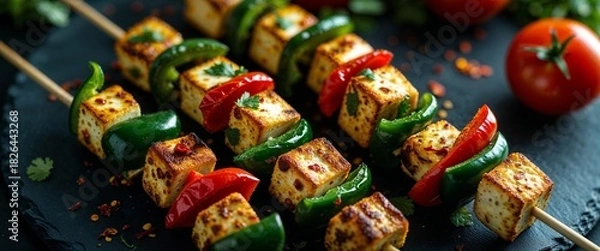 Obraz Delicious paneer tikka skewers indian appetizer with grilled cheese cubes green bell pepper and red pepper on dark stone plate perfect snack for vegetarians and foodies 200c