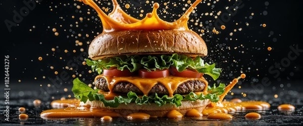 Obraz Delicious double cheeseburger with dripping sauce on black backdrop featuring juicy patties cheese slices tomato fresh lettuce and sesame seed bun for food ads 200c