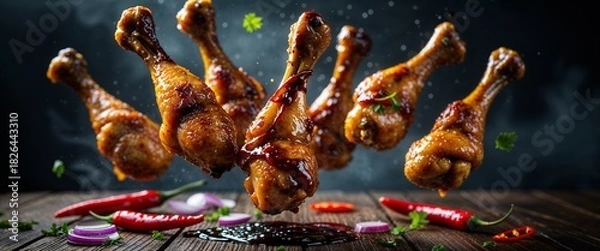 Obraz Flying Grilled Chicken Drumsticks with Chili Peppers and Red Onion Garnishes Culinary Presentation Delicious BBQ Dinner with Appetizing Visuals
