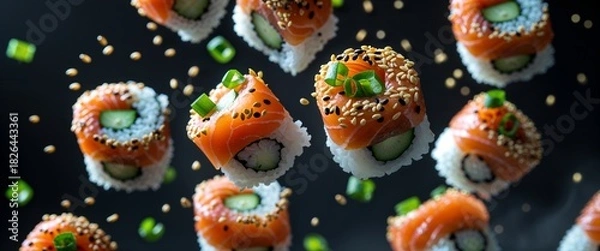Obraz Fresh Salmon Sushi Rolls with Cucumber and Green Onions on Dark Plate Top View Delicious Japanese Cuisine with Rice and Seafood Gourmet and Elegant Asian Dish 200 Chars