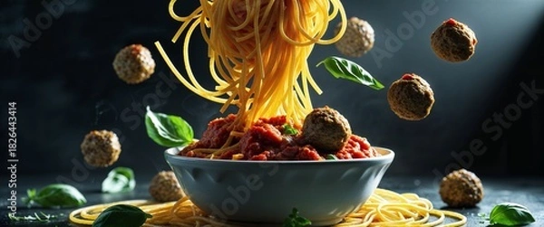 Obraz Bowl of Spaghetti with Meatballs and Tomato Sauce is Garnished with Basil Leaves Traditional Italian Dish Featuring Classic Combination of Flavors and Textures