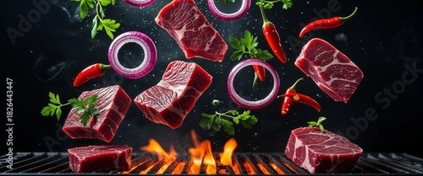Obraz Fresh Raw Beef Cubes and Red Onion Rings Along with Green Parsley Sprigs and Spicy Chili Peppers are Levitating Above the Grill for Delicious BBQ