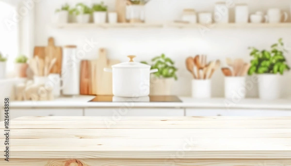 Obraz Empty Light Wooden Countertop with Blurred Modern Kitchen Interior and Green Plants Background Mockup
